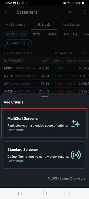 The MultiSort Screener on the Android Phone